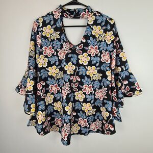 Axyeh Floral Top Women's Small Floral Bell Sleeve High Neck 80s‎ 70s Hippie Blue